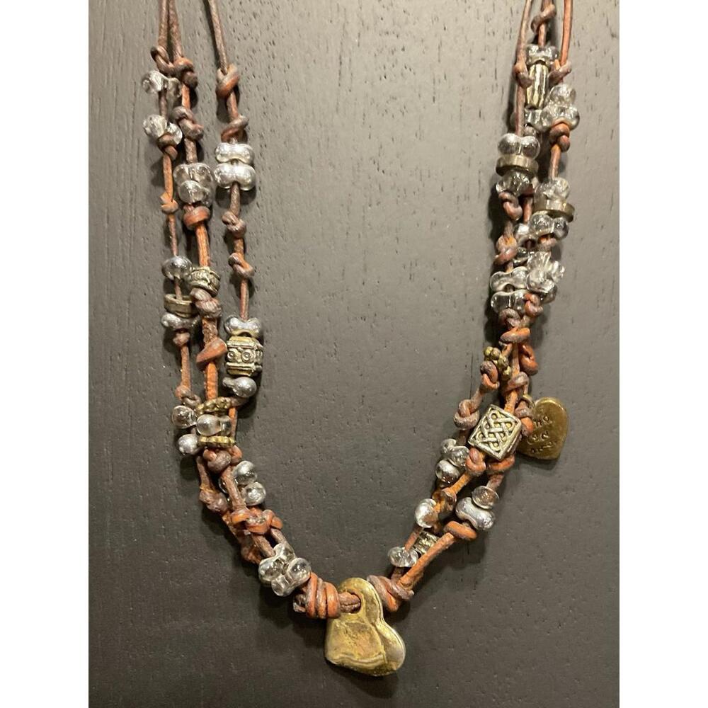 Brown Leather Cord Necklace With Beads And Heart Charm - Picture 2 of 3